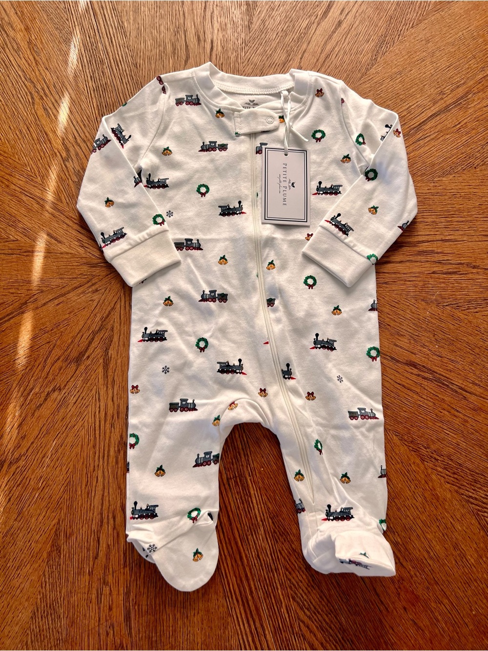 Petite Plume | White Holiday Train Print Footed One-Piece